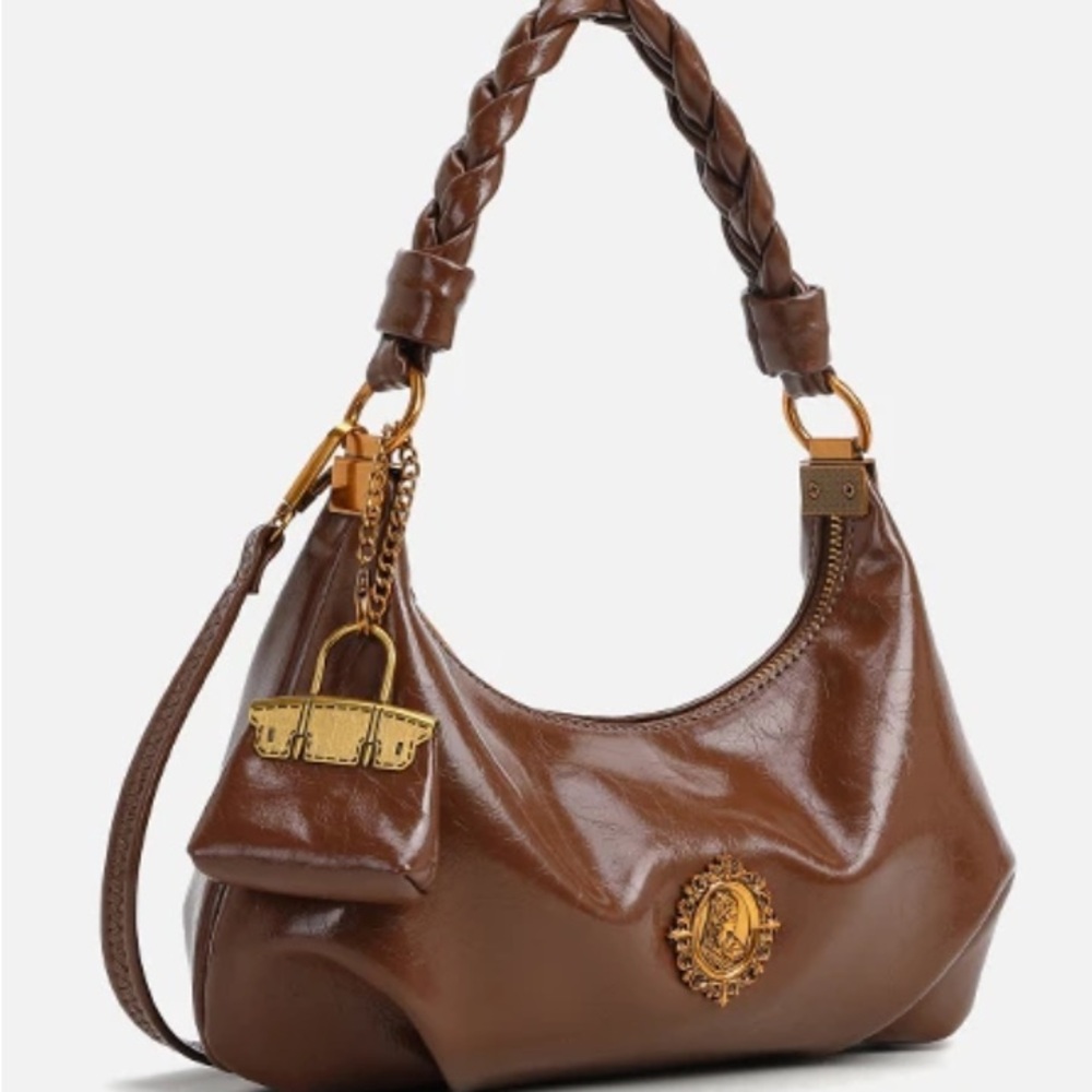 Vintage-Inspired Brown Leather Shoulder Bag with Braided Handle & Gold Hardware